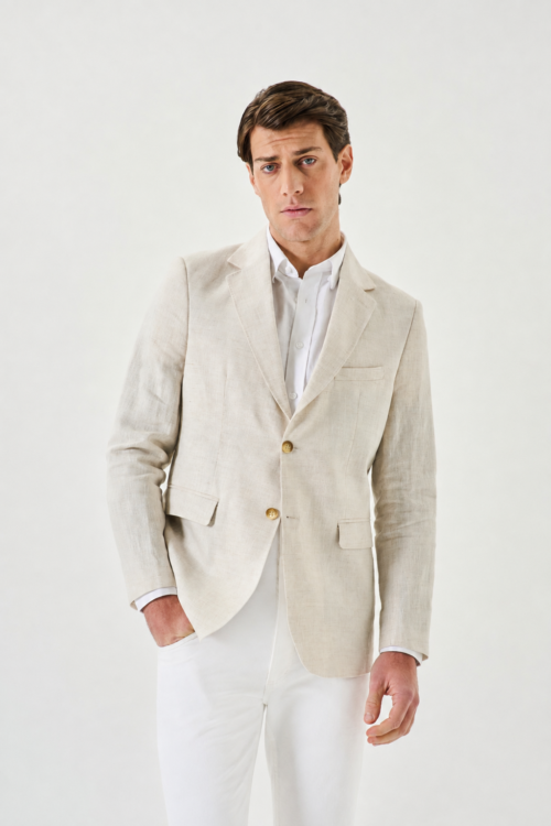 SACO DE LINO REGULAR FIT CON PESPUNTE EN SOLAPA
